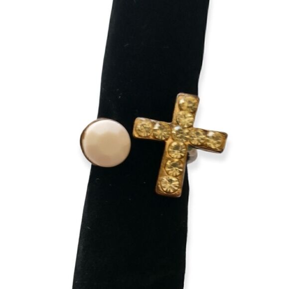 Brass Cross Open Ring Sz 5.5 or 6 Goth Handmade Rhinestone Victorian Religious - Picture 12 of 16